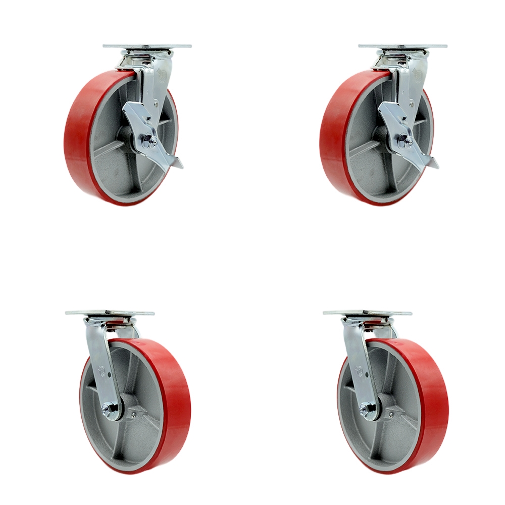 SCC-30CS820-PUR-RS-TLB-BSL-2-BSL-2 Poly on Cast Iron Swivel Top Plate Casters, Heavy Duty with 8 in. Red Wheels - Set of 4