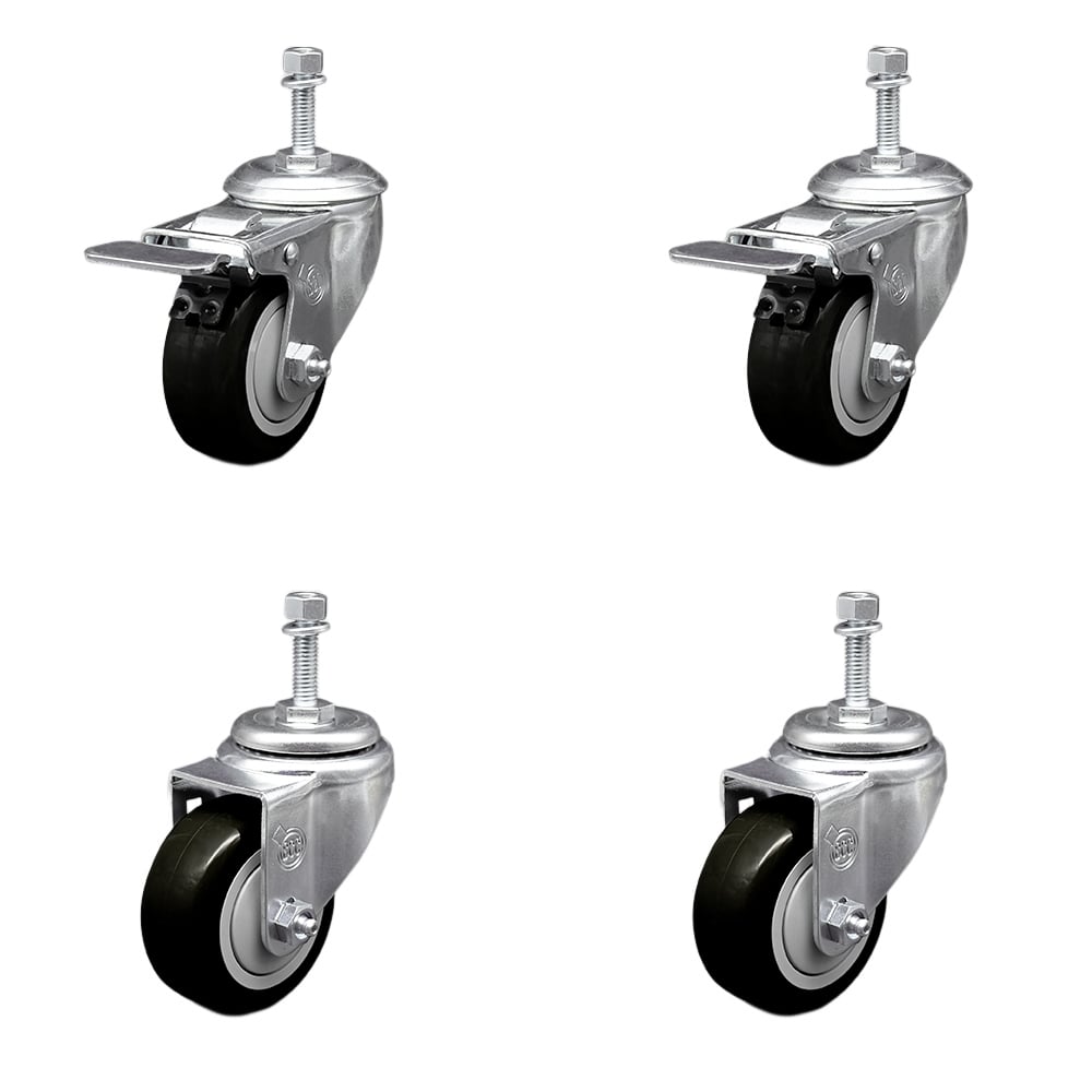 Stainless Steel Polyurethane Swivel Threaded Stem Caster with 3.5 x 1.25 in. Black Wheels & 0.38 in. Stems - Set of 4