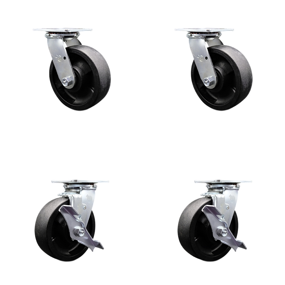 Tool Box Caster Wheel Set - 6 in. Flat Free, Zero Maintenance Glass Filled Nylon Wheels - Industrial Grade - 2 Swivel with Top Lock Brakes