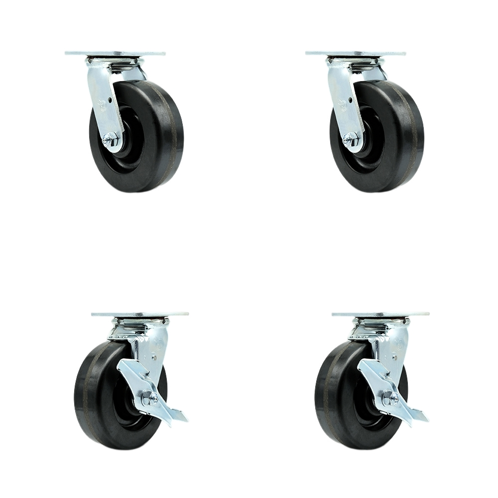 Tool Box Caster Wheel Set - 6 in. Flat Free, Easy Rolling Phenolic Wheels - Industrial Grade - 2 Swivel with Top Lock Brakes