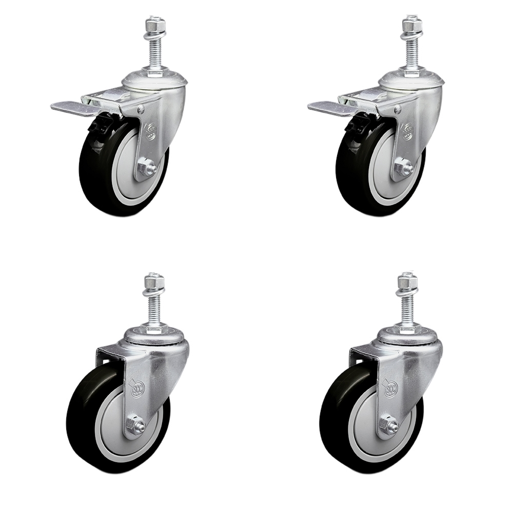 Stainless Steel Polyurethane Swivel Threaded Stem Caster with 4 x 1.25 in. Black Wheels & 0.38 in. Stems - Set of 4