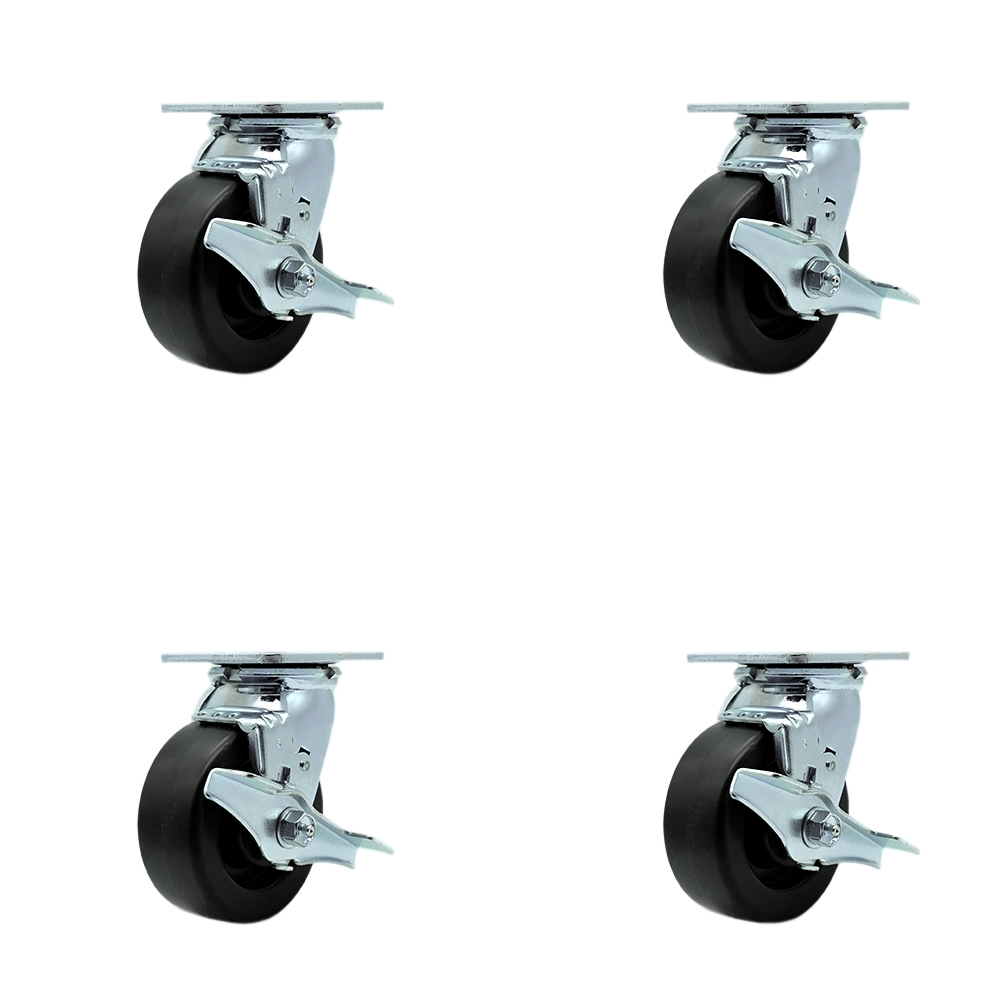 Tool Box Caster Wheel Set - 5 in. Flat Free, Zero Maintenance Polyolefin Wheels - Industrial Grade - 4 Swivel Casters with Top Lock Brakes