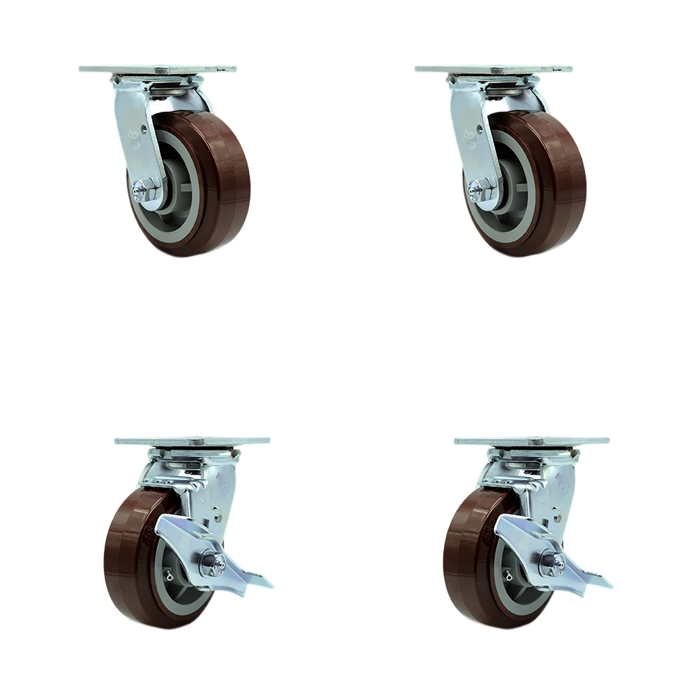 Tool Box Caster Wheel Set - 5 in. Non-Marking, Maintenance Free Maroon Polyurethane Wheels - Industrial Grade - 2 Swivel with Top Lock Brakes