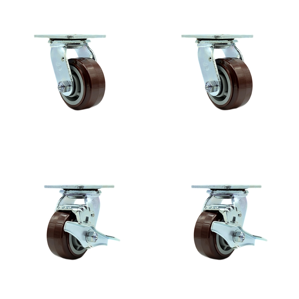 Tool Box Caster Wheel Set - 4 in. Non-Marking, Easy Rolling Maroon Polyurethane Wheels - Industrial Grade - 2 Swivel with Top Lock Brakes