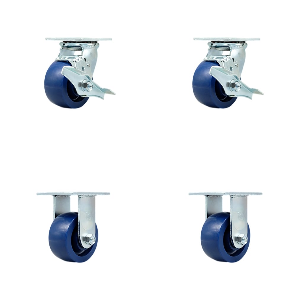 Tool Box Caster Wheel Set - 4 in. Non-Marking, Easy Rolling Solid Polyurethane Wheels - Industrial Grade - 2 Swivel with Top Lock Brakes