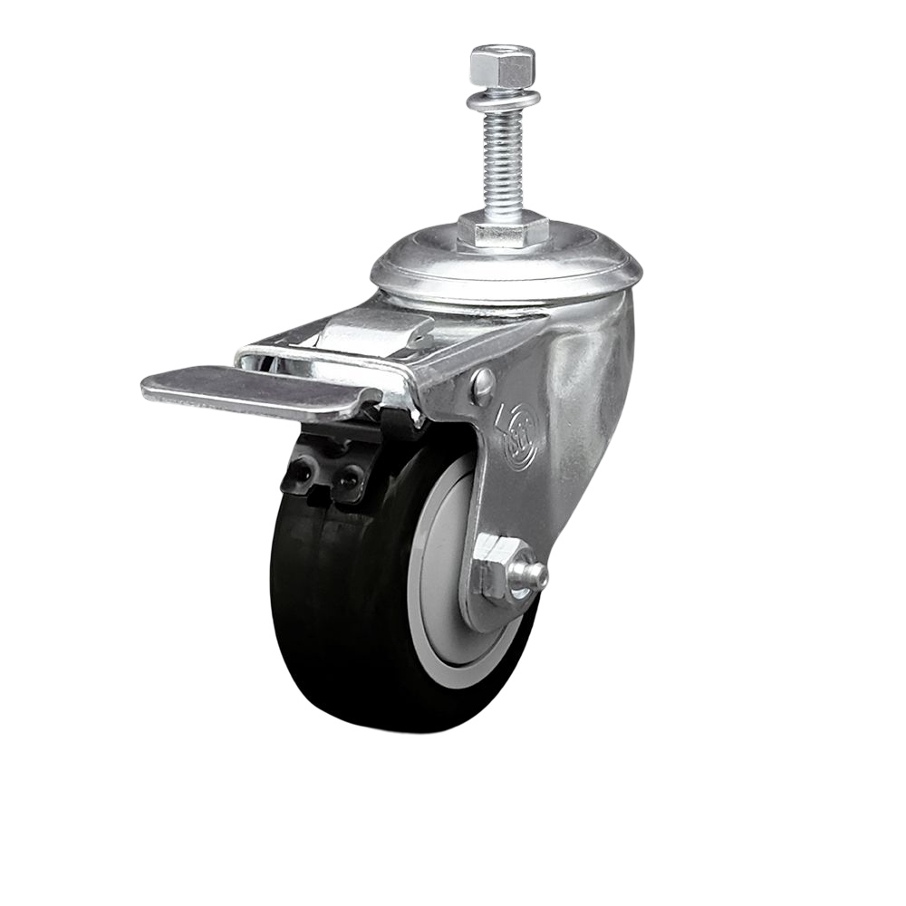 SCC-TSTTL20S3514-PPUB-BLK-M1015 Polyurethane Swivel Threaded Stem Caster with 3.5 x 1.25 in. Black Wheel & 10 mm Stem & Total Locking Brake