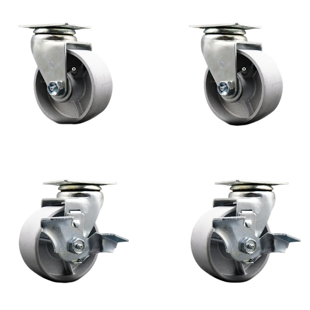 Tool Box Caster Wheel Set - 4 in. Flat Free, Easy Rolling Semi Steel Cast Iron Wheels - Industrial Grade - 2 Swivel with Top Lock Brakes