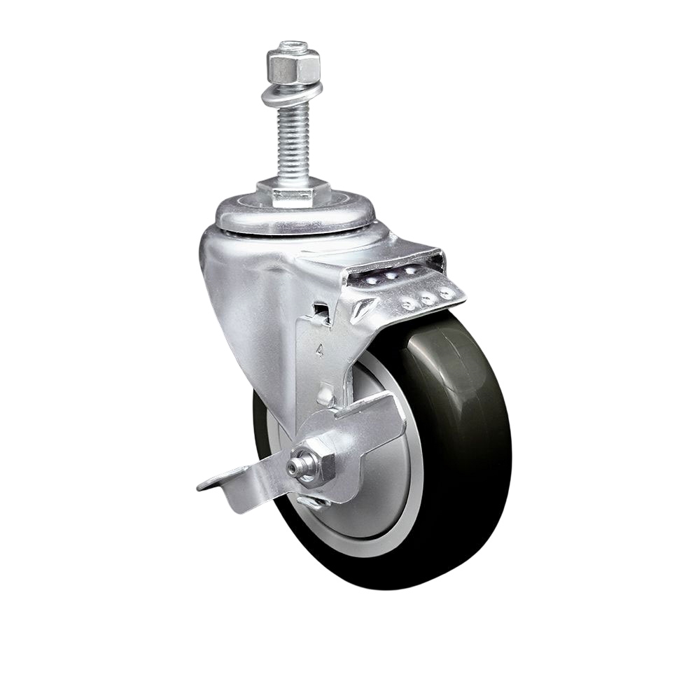 SCC-TS20S414-PPUB-BLK-TLB-M1015 Polyurethane Swivel Threaded Stem Caster with 4 x 1.25 in. Black Wheel & 10 mm Stem & Top Locking Brake