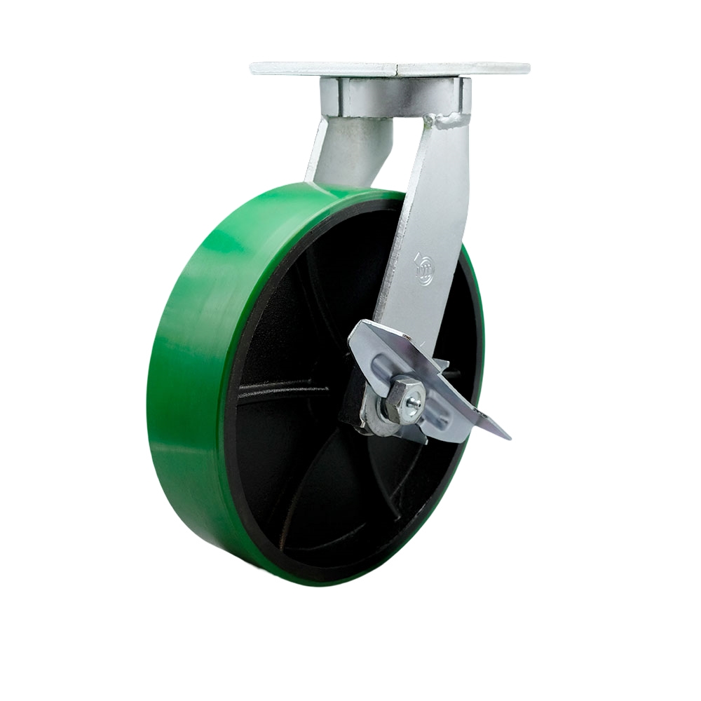 Extra Heavy Duty Kingpinless 10 x 3 in. Green Poly on Cast Iron Swivel Caster with Bolt on Swivel Lock & Brake - 3000 lbs per Caster