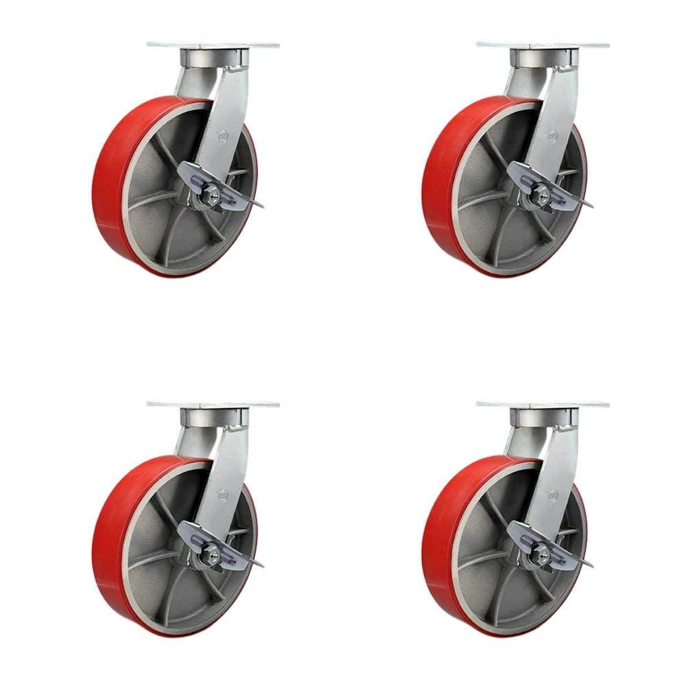 Extra Heavy Duty 10 x 3 in. Red Poly on Cast Iron Swivel Caster Set for Cranes, Gantries, Hoists & Winches - Set of 4 - 3000 lbs per Caster