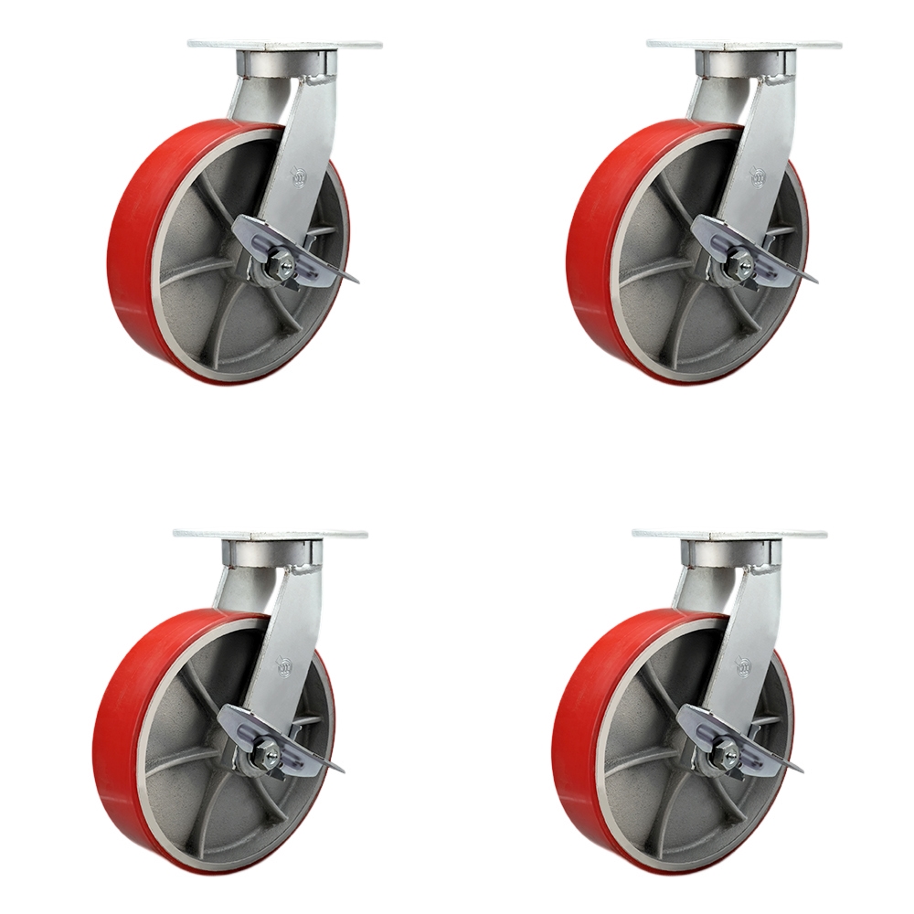 Extra Heavy Duty 12 x 3 in. Red Poly on Cast Iron Swivel Caster Set for Cranes, Gantries, Hoists & Winches - Set of 4 - 3500 lbs per Caster