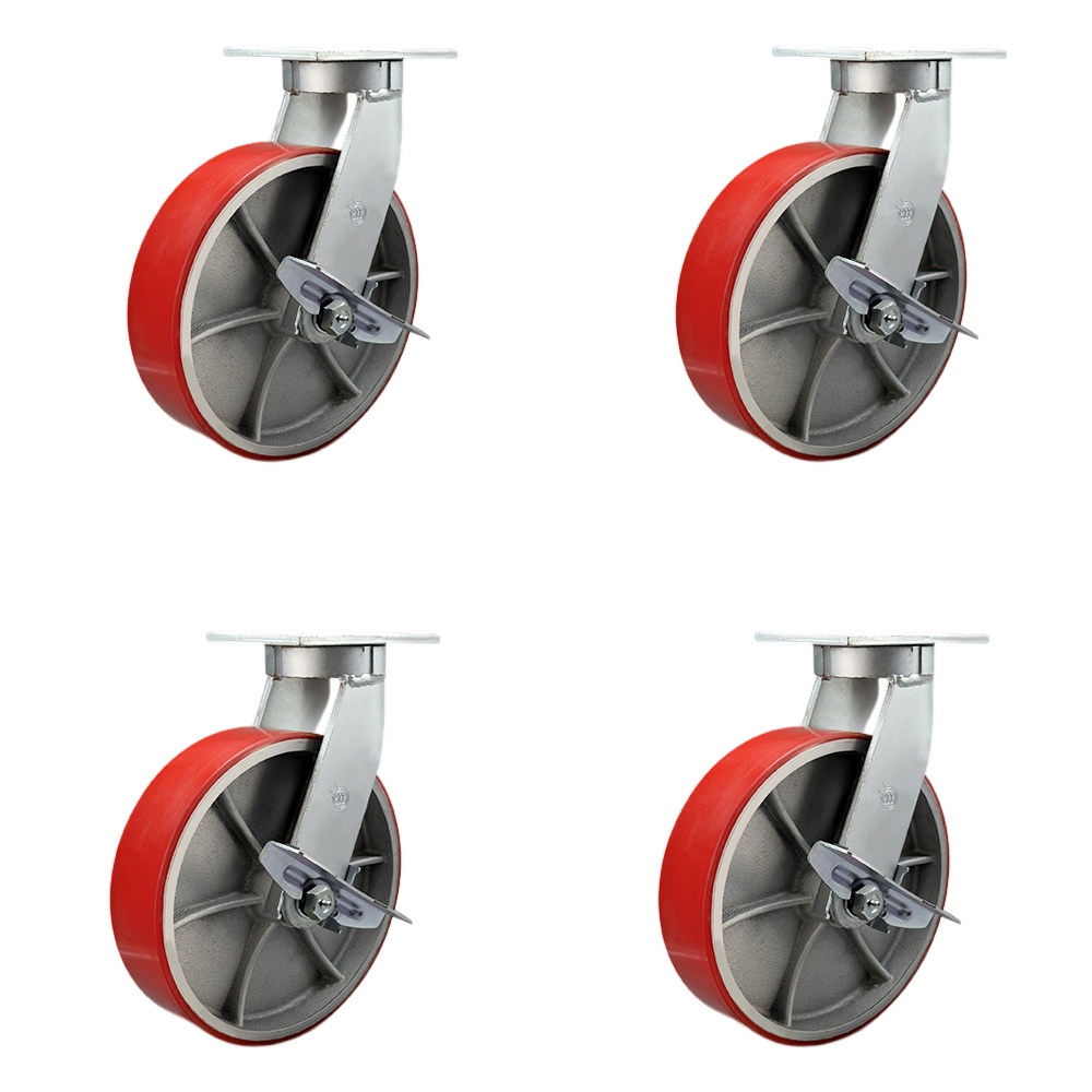 Extra Heavy Duty 12 x 3 in. Red Poly on Cast Iron Swivel Caster Set for Cranes, Gantries, Hoists & Winches - Set of 4 - 3500 lbs per Caster