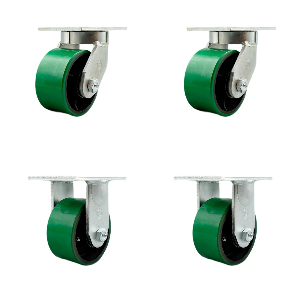 Extra Heavy Duty 6 x 3 in. Green Poly on Cast Iron Swivel Caster Set for Cranes, Gantries, Hoists & Winches - Set of 4 - 2000 lbs per Caster