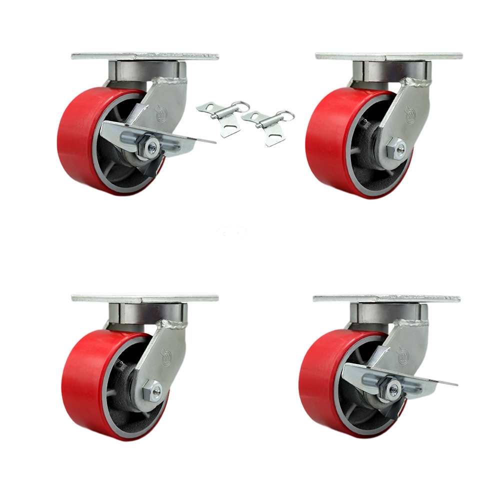 Extra Heavy Duty 6 x 3 in. Red Poly on Cast Iron Swivel Caster Set for Cranes, Gantries, Hoists & Winches - Set of 4 - 2000 lbs per Caster