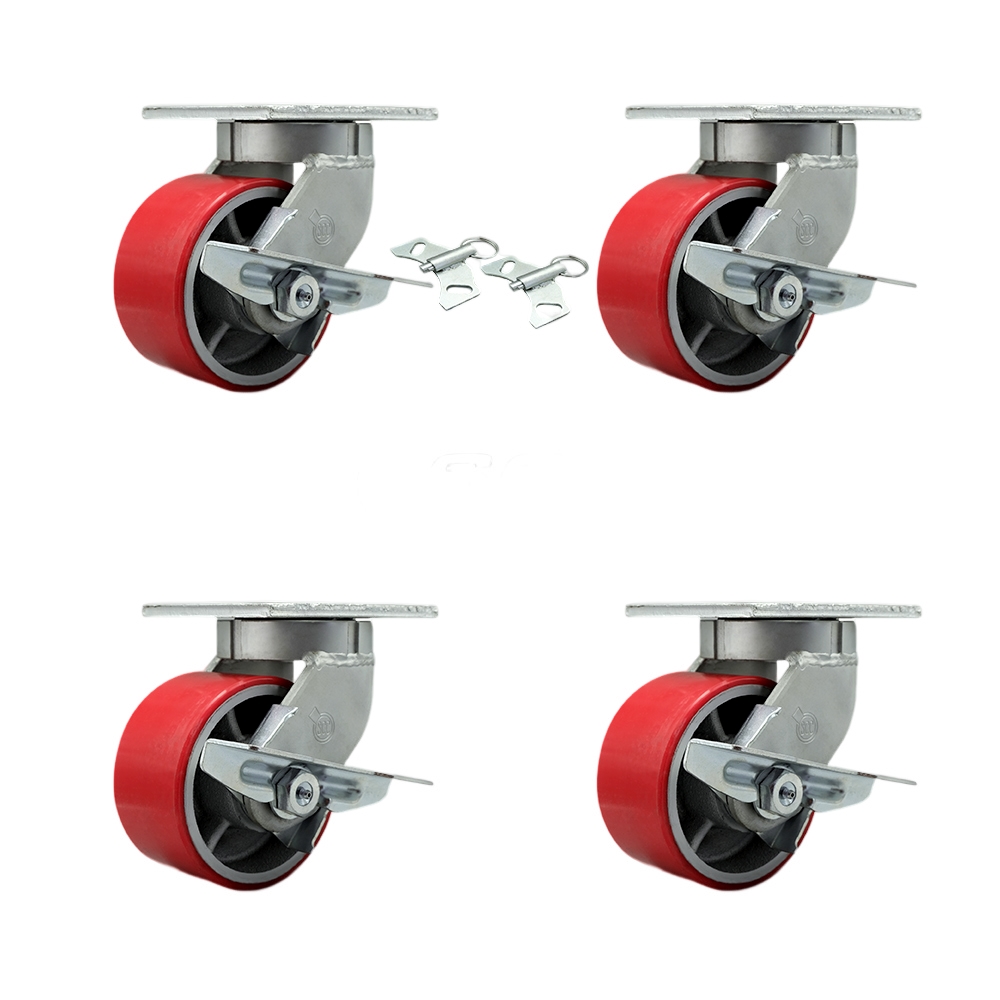 Extra Heavy Duty 6 x 3 in. Red Poly on Cast Iron Swivel Caster Set for Cranes, Gantries, Hoists & Winches - Set of 4 - 2000 lbs per Caster
