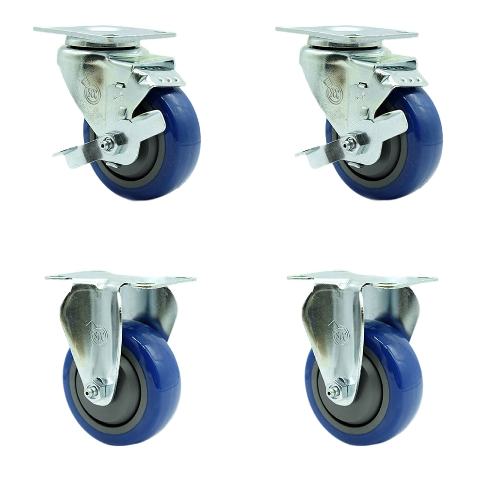 Tool Box Caster Wheel Set - 3.5 in. Non-Marking, Maintenance Free Blue Polyurethane Wheels - Industrial Grade - 2 Swivel with Top Lock Brakes