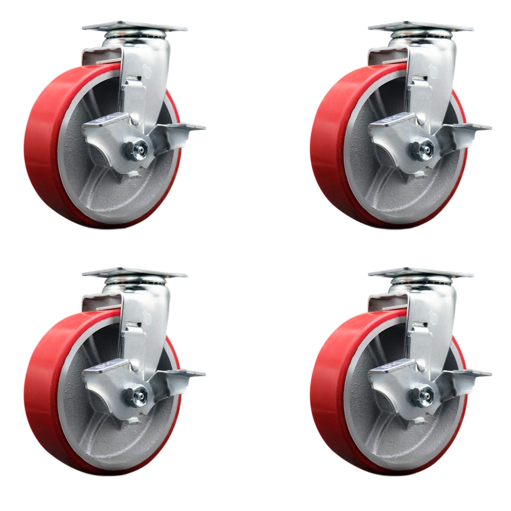 TOOL-SCC-20S620-PUB-RS-TLB-4 Tool Box Caster Wheel Set - 6 in. Non-Marking, Maintenance Free Red Polyurethane on Cast Iron Wheels