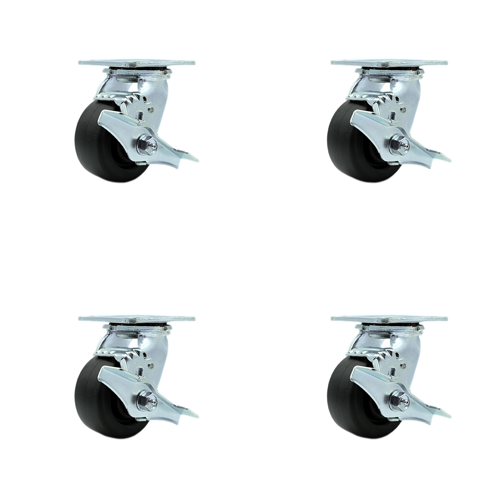 Tool Box Caster Wheel Set - 4 in. Flat Free, Zero Maintenance Polyolefin Wheels - Industrial Grade - 4 Swivel Casters with Top Lock Brakes