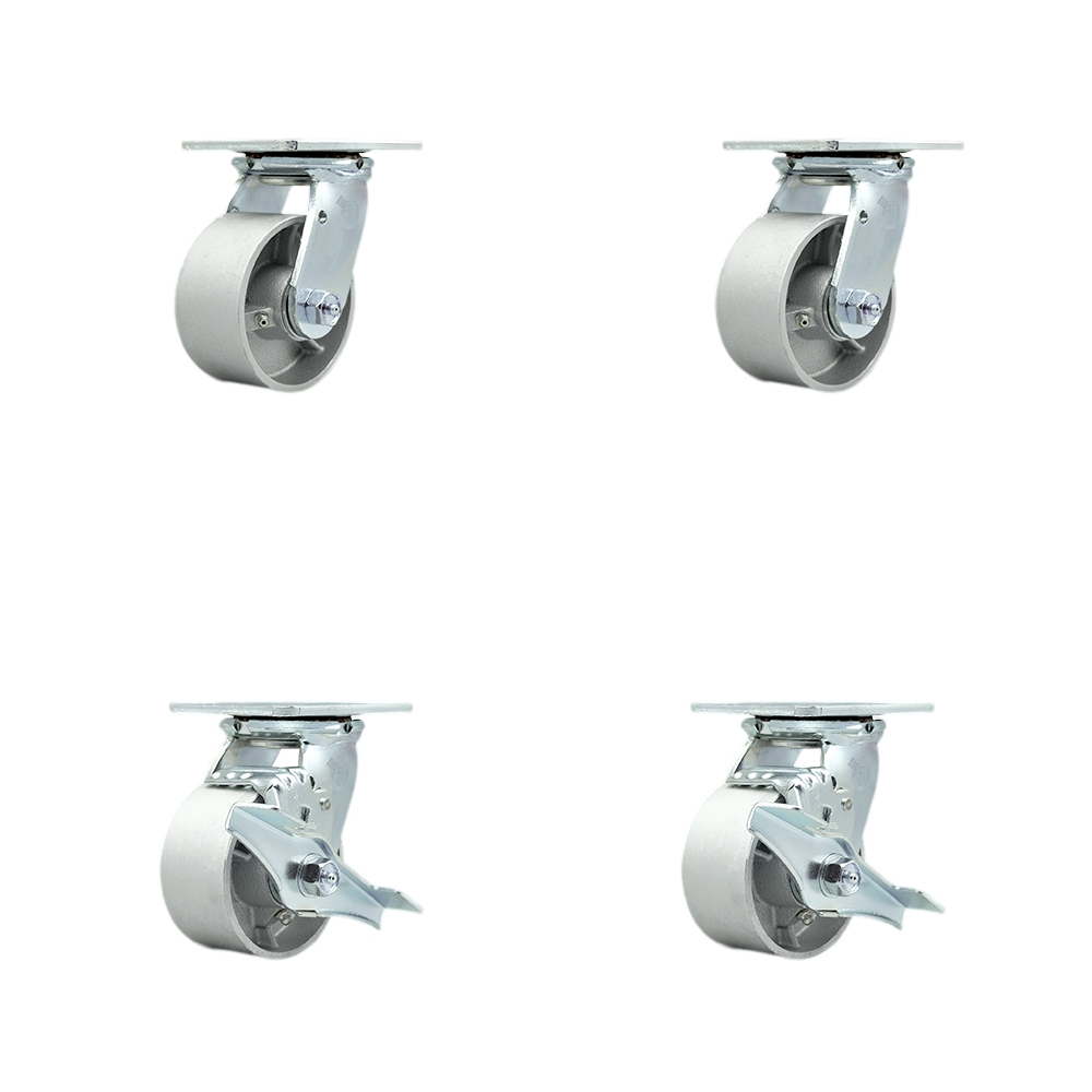 Tool Box Caster Wheel Set - 4 in. Flat Free, Zero Maintenance Semi Steel Cast Iron Wheels - Industrial Grade - 2 Swivel with Top Lock Brakes