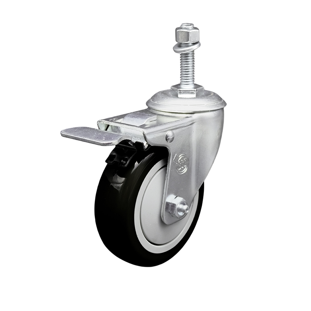 Stainless Steel Polyurethane Swivel Threaded Stem Caster with 4 x 1.25 in. Black Wheel & 10 mm Stem & Total Locking Brake