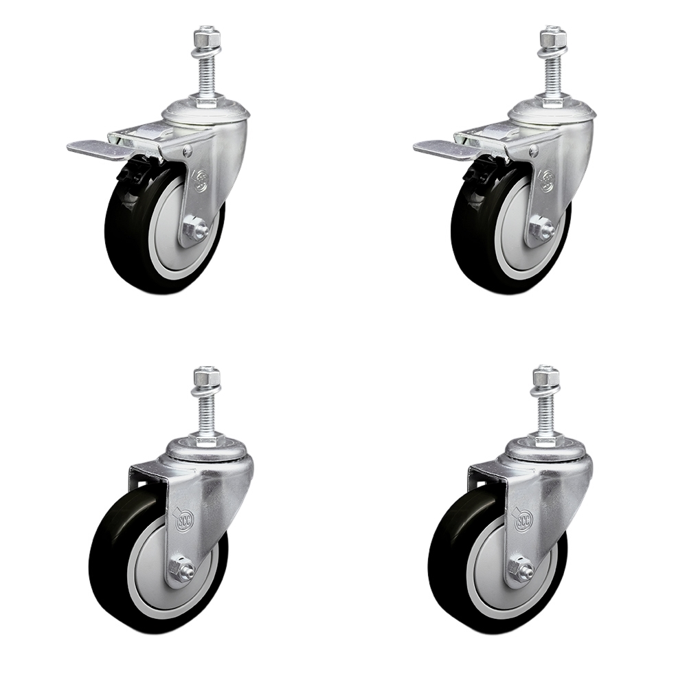 Stainless Steel Polyurethane Swivel Threaded Stem Caster with 4 x 1.25 in. Black Wheels & 10 mm Stems - Set of 4