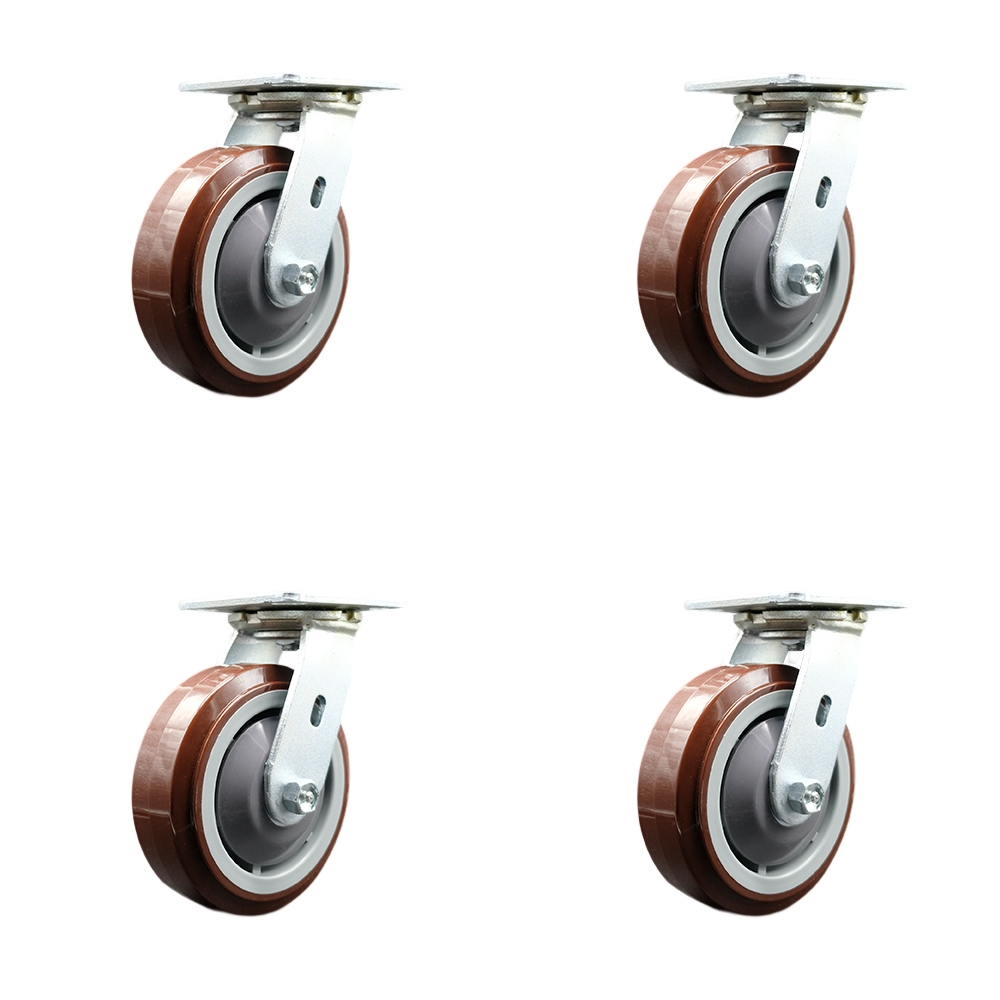Chemtainer CST60URR Replacement Swivel Caster - 6 in. Maroon Polyurethane on Gray Polyolefin Wheels with Plastic Thread Guards - Set of 4