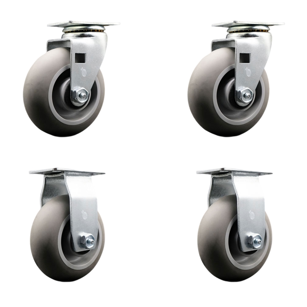 Swivel & Rigid Top Plate Caster Set, Gray 5 x 2 in. Thermoplastic Rubber Donut Tread Wheel Roller Bearing - 1800 lbs Total Capacity