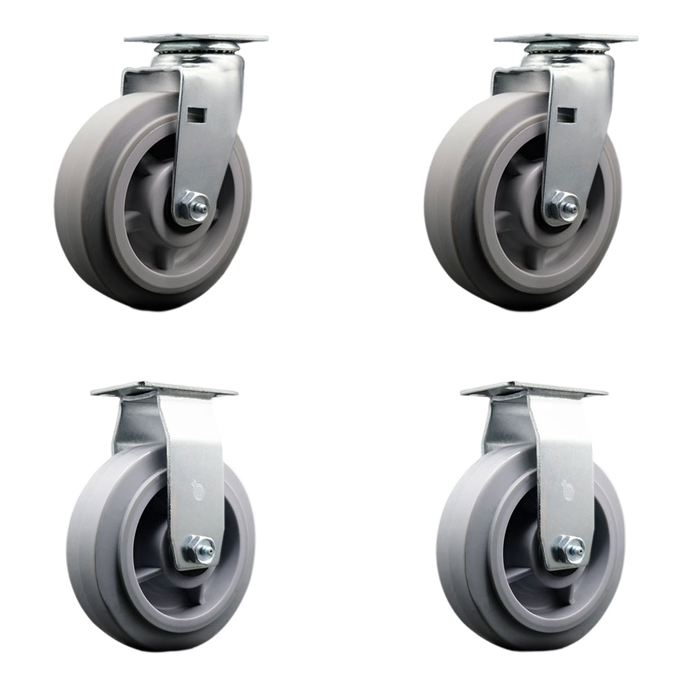 Swivel & Rigid Top Plate Caster Set, Gray 6 x 2 in. Thermoplastic Rubber Flat Tread Wheel Roller Bearing - 1800 lbs Total Capacity