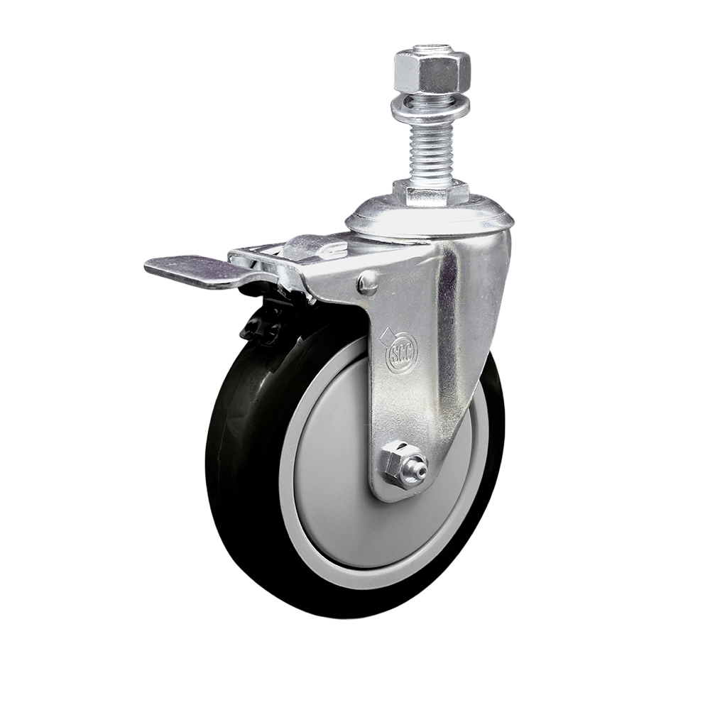 SCC-TSTTL20S514-PPUB-BLK-M1215 Polyurethane Swivel Threaded Stem Caster with 5 x 1.25 in. Black Wheel & 12 mm Stem & Total Locking Brake