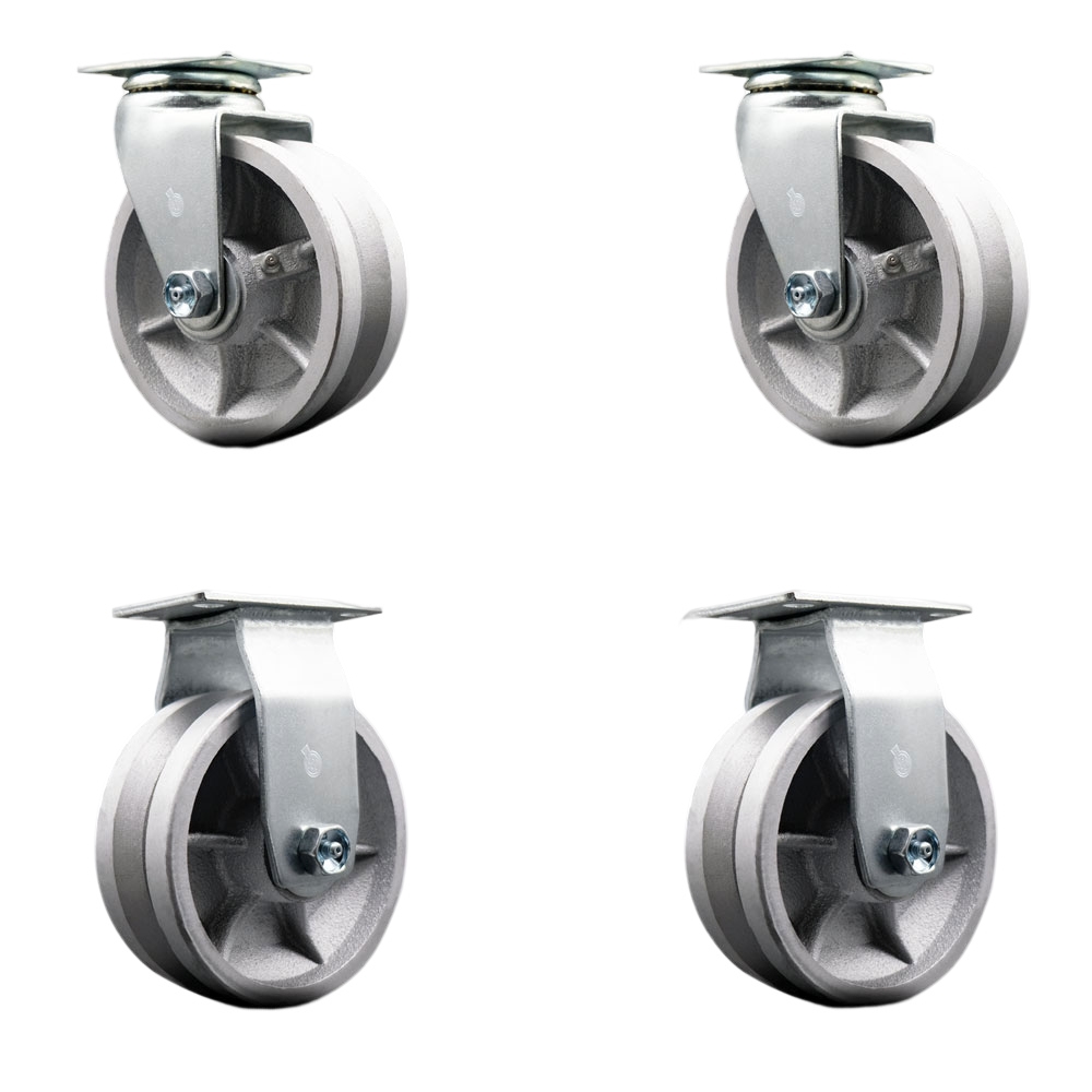 SCC-20S520-VGB-2-R-2 Swivel & Rigid Plate Caster Set, Silver 5 x 2 in. V-Groove Semi Steel Cast Iron Wheel Ball Bearing - 1800 lbs Total Capacity