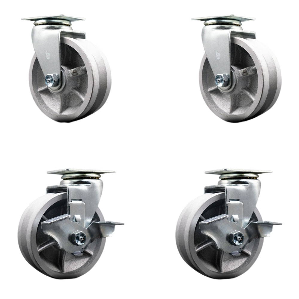 SCC-20S520-VGB-2-TLB-2 Swivel Top Plate Caster Set, Silver 5 x 2 in. V-Groove Semi Steel Cast Iron Wheel Ball Bearing - 1800 lbs Total Capacity