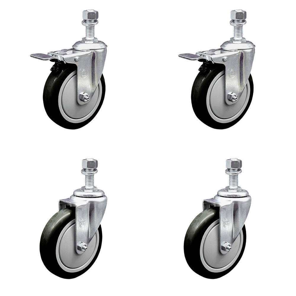 SCC-TSTTL20S514-PPUB-BLK-M1215-2-S-2 Polyurethane Swivel Threaded Stem Caster with 5 x 1.25 in. Black Wheels & 12 mm Stems - Set of 4