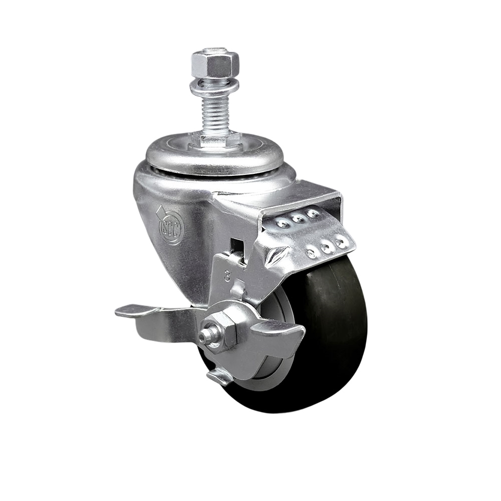 Stainless Steel Polyurethane Swivel Threaded Stem Caster with 3 x 1.25 in. Black Wheel & 12 mm Stem & Top Locking Brake