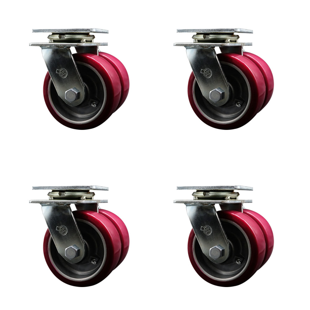 SCC-DW30CS520-PAB-4 Heavy Duty Swivel Caster with Dual 5 in. Polyurethane on Aluminum Wheels & Ball Bearings - 5000 lbs Total Capacity - Set of 4