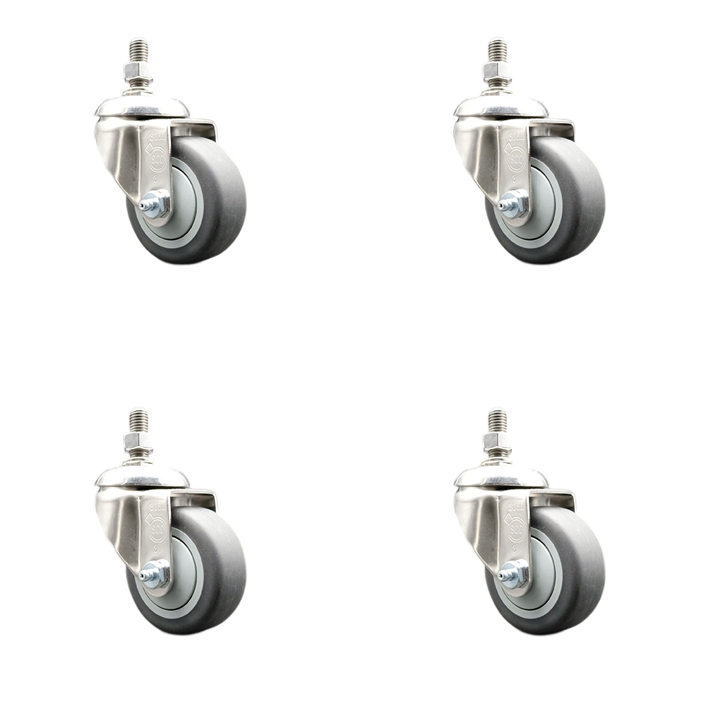 Thermoplastic Rubber Swivel Stem Caster with 3 in. Caster Wheels - 0.50 in. Threaded Stems - 316 Stainless Steel Casters - Set of 4