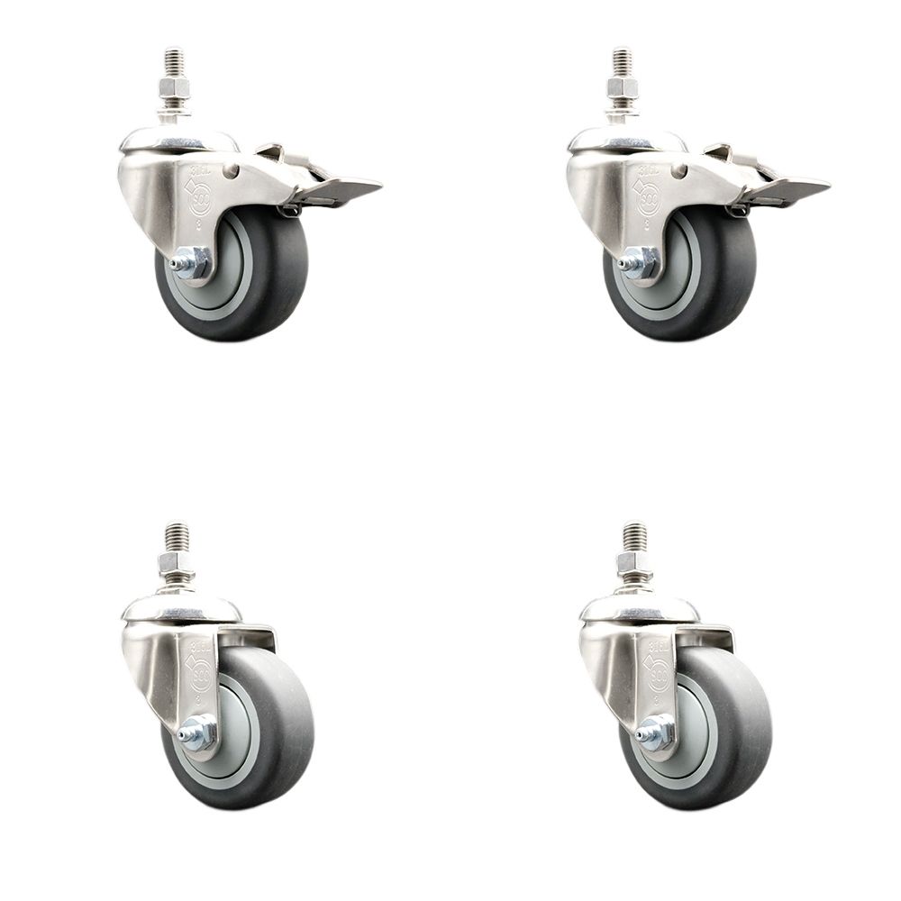 Thermoplastic Rubber Swivel Stem Caster with 3 in. Caster Wheels - 0.50 in. Threaded Stem - 316 Stainless Steel Caster - Set of 4