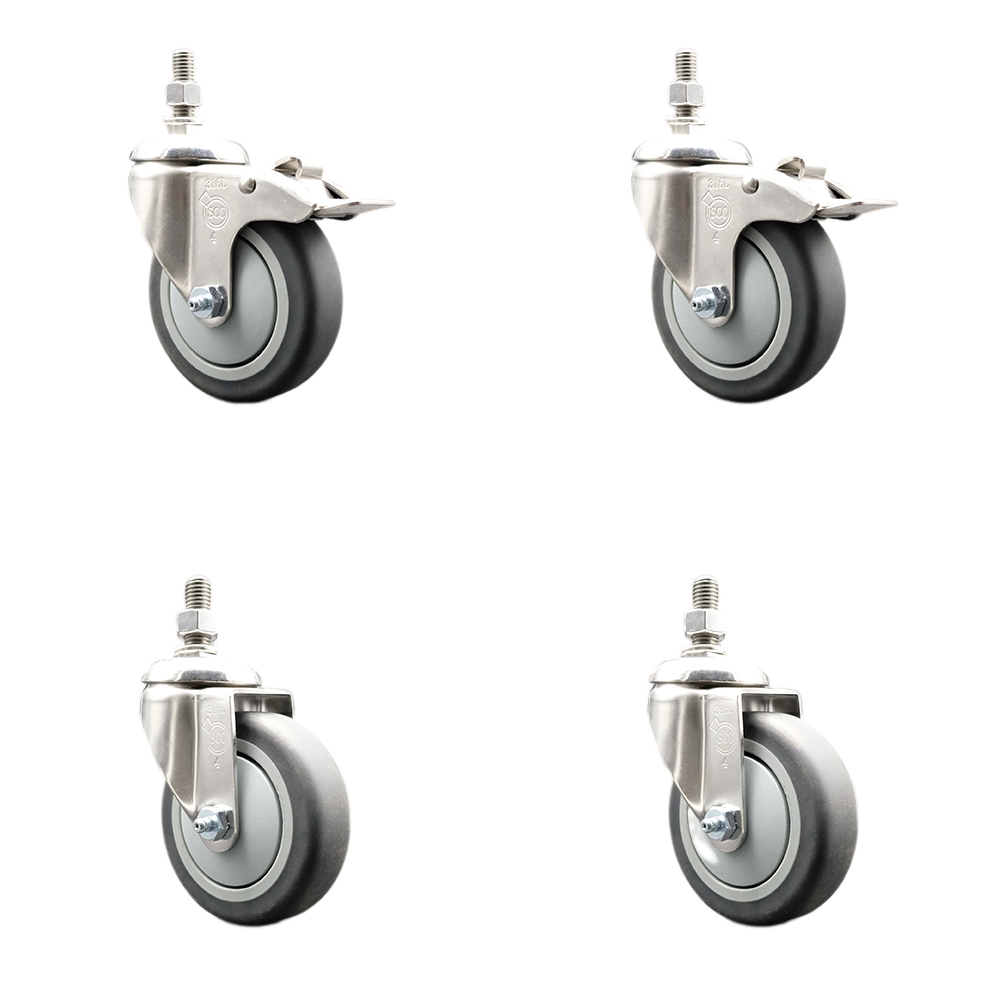 Thermoplastic Rubber Swivel Stem Caster with 4 in. Caster Wheels - 0.50 in. Threaded Stem - 316 Stainless Steel Caster - Set of 4