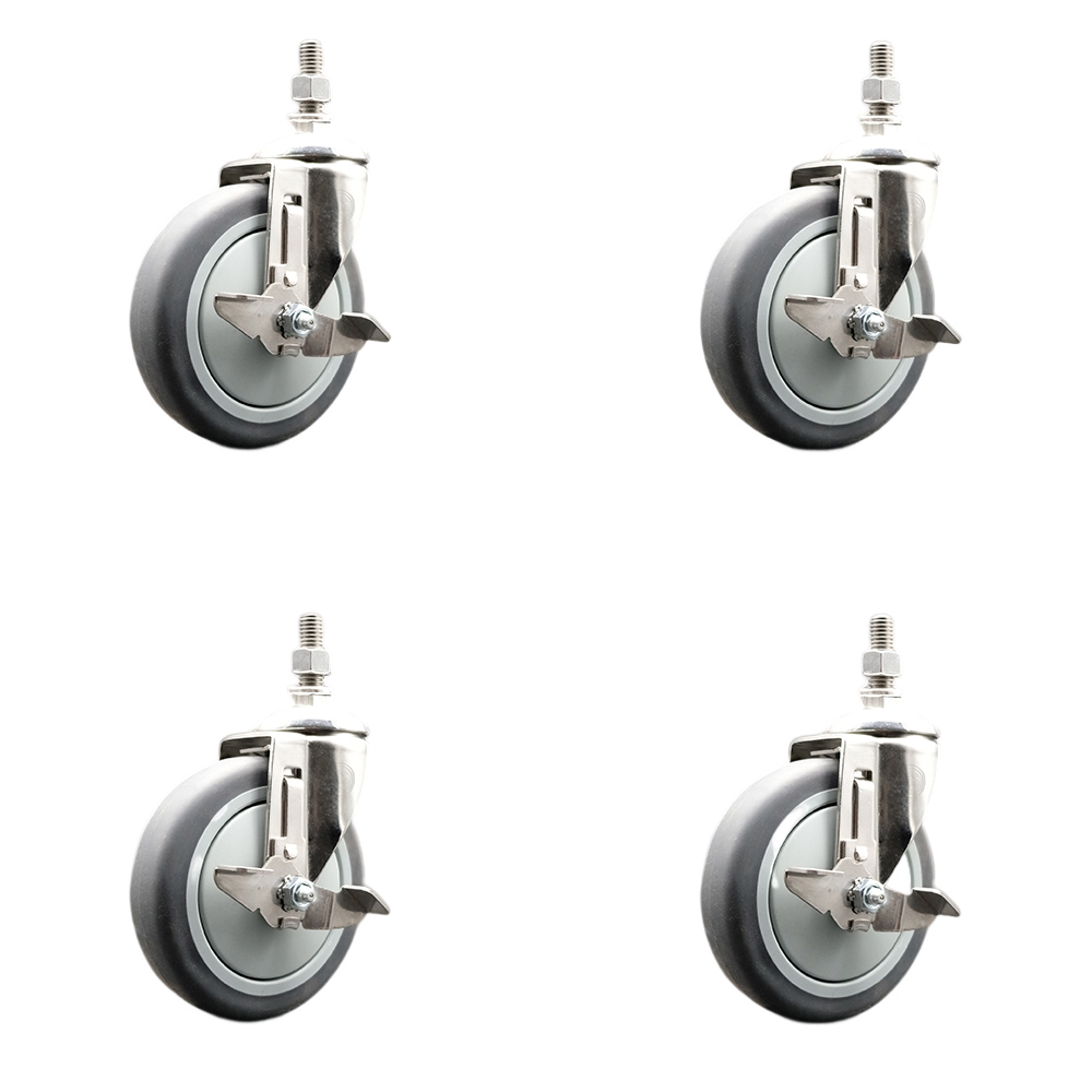Thermoplastic Rubber Swivel Stem Caster with 5 in. Caster Wheels - 0.50 in. Threaded Stems - 316 Stainless Steel Casters - Set of 4