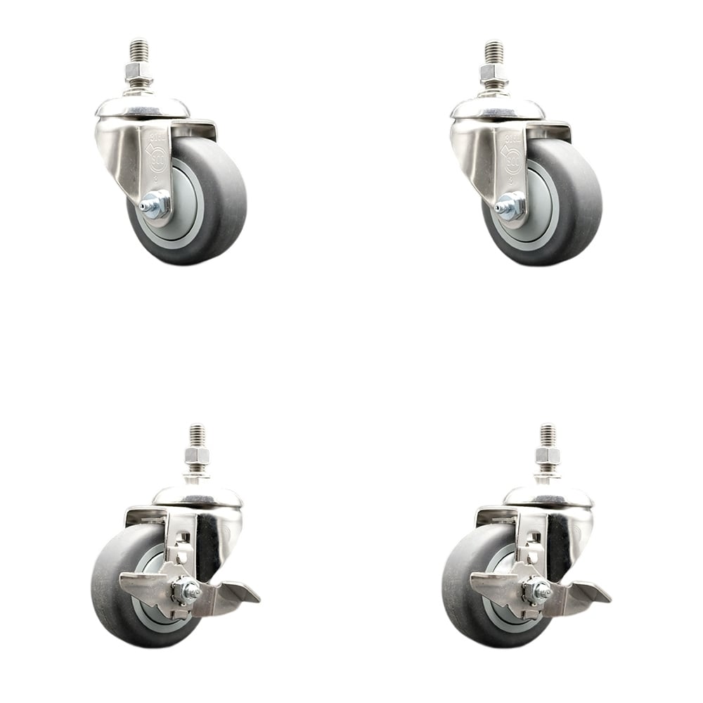 Thermoplastic Rubber Swivel Stem Caster with 3.5 in. Caster Wheels - 0.37 in. Threaded Stem - 316 Stainless Steel Caster - Set of 4