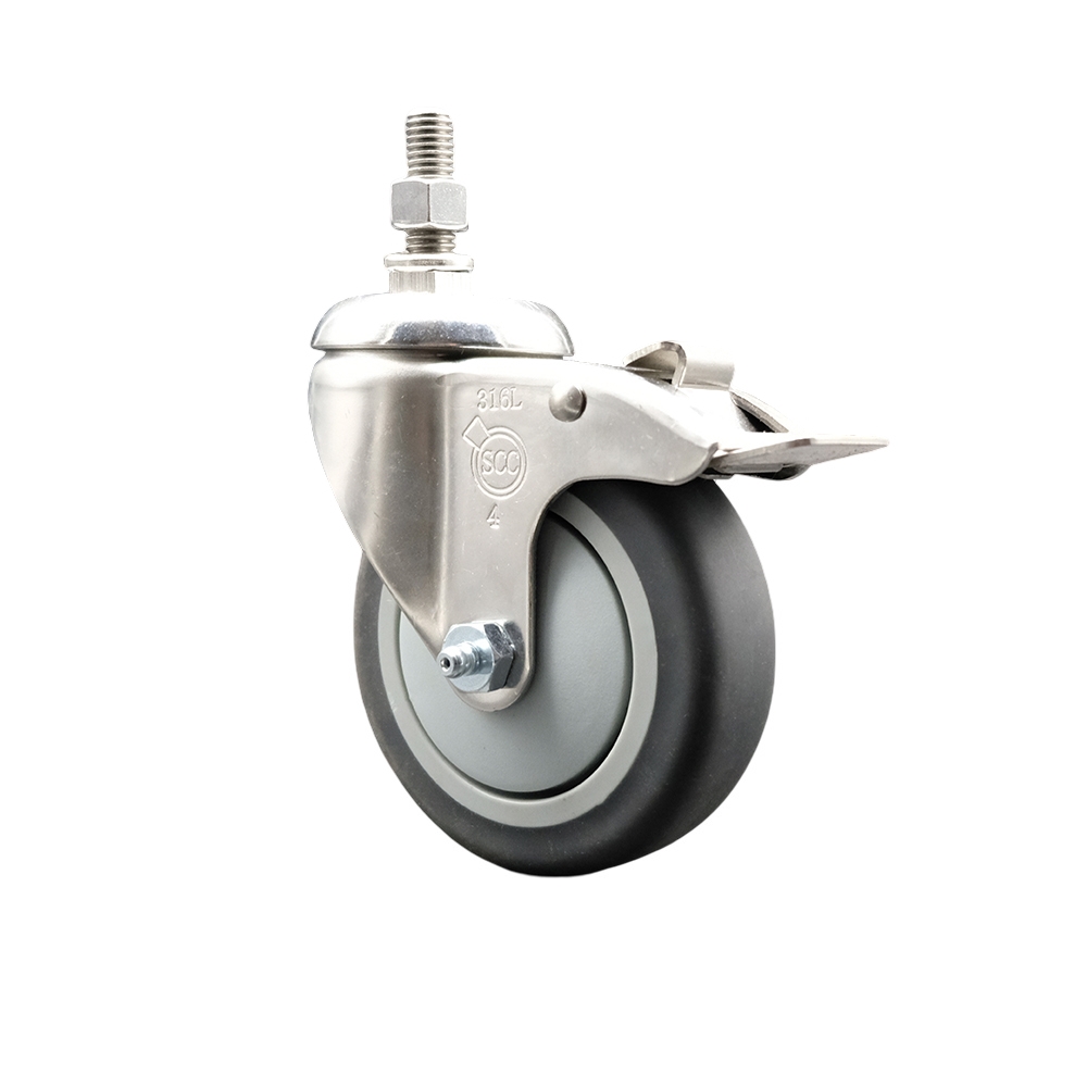 Thermoplastic Rubber Swivel Stem Caster with 4 in. Gray Caster Wheel & Total Lock Brake - 0.37 in. Threaded Stem - 316 Stainless Steel Caster