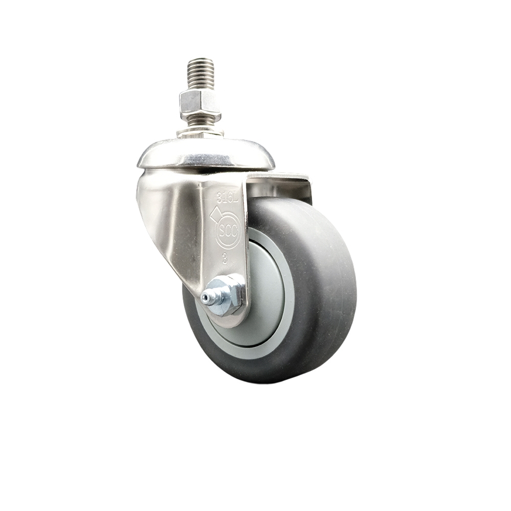 Thermoplastic Rubber Swivel Stem Caster with 3.5 in. Gray Caster Wheel - 10 mm Metric Threaded Stem - 316 Stainless Steel Caster - 230 lbs Capacity