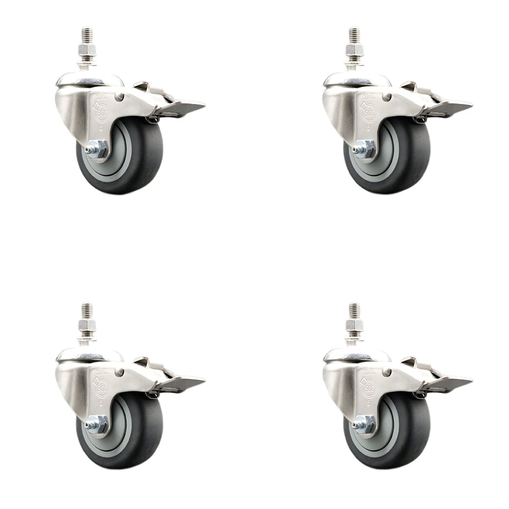 Thermoplastic Rubber Swivel Stem Caster with 3.5 in. Caster Wheels - 10 mm Metric Threaded Stems - 316 Stainless Steel Casters - Set of 4