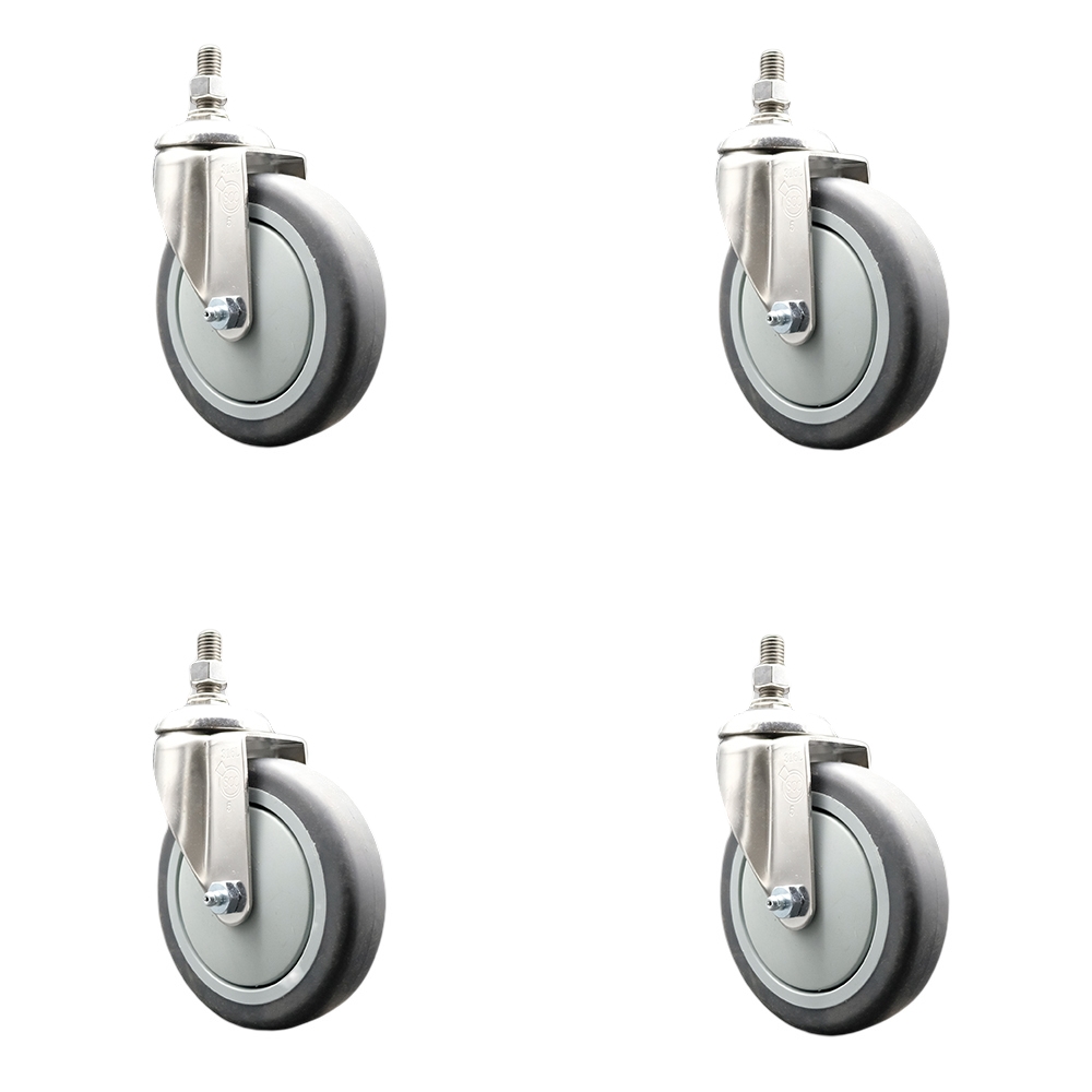 Thermoplastic Rubber Swivel Stem Caster with 5 in. Caster Wheels - 10 mm Metric Threaded Stems - 316 Stainless Steel Casters - Set of 4