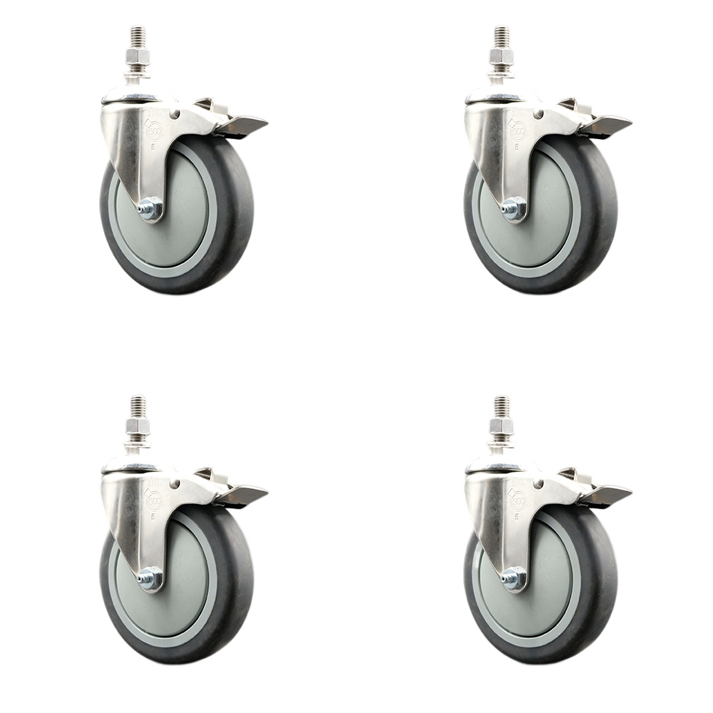 Thermoplastic Rubber Swivel Stem Caster with 5 in. Caster Wheels - 10 mm Metric Threaded Stems - 316 Stainless Steel Casters - Set of 4