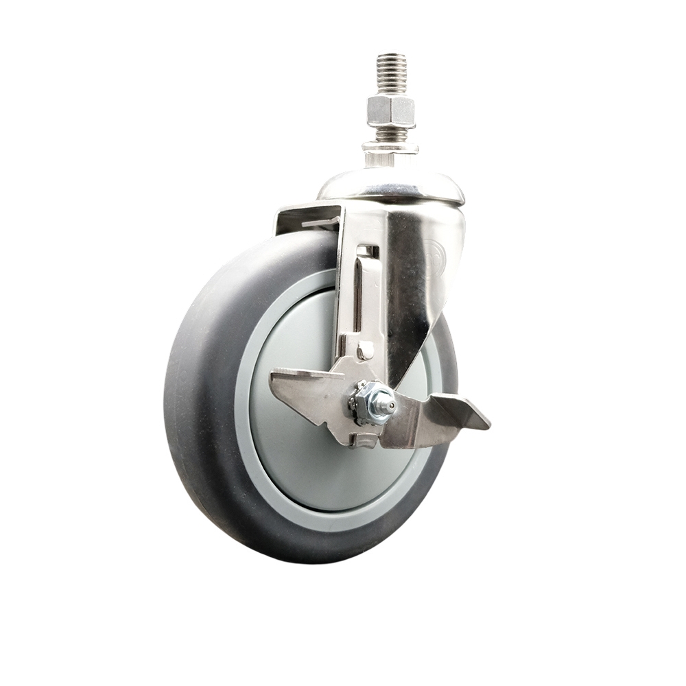 Thermoplastic Rubber Swivel Stem Caster with 5 in. Gray Caster Wheel & Top Lock Brake - 12 mm Metric Threaded Stem - 316 Stainless Steel Caster