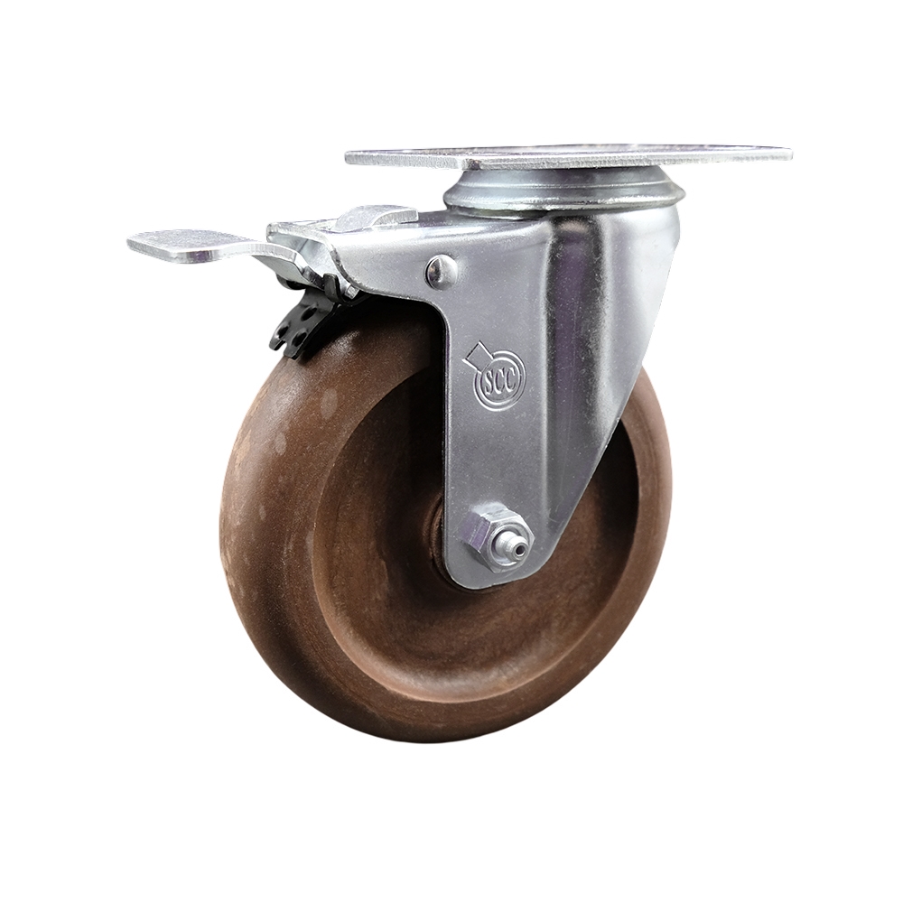 Stainless Steel High Temperature Glass Filled Nylon Swivel Top Plate Caster with 5 x 1.25 in. Brown Wheel & Total Locking Brake