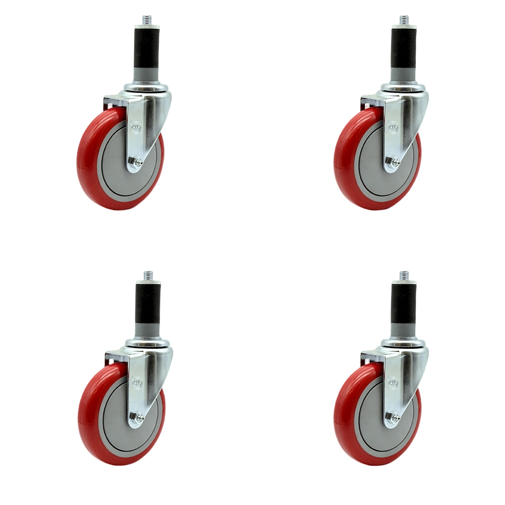 Regency Work Table & Equipment Stand Replacement Caster Set - 5 in. Red Polyurethane Wheel - 4 Swivel Casters - Set of 4