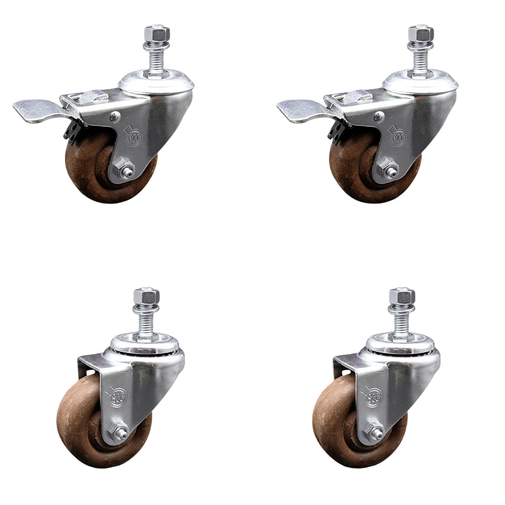 High Temperature Glass Filled Nylon Swivel Threaded Stem Caster with 3 x 1.25 in. Brown Wheels & 0.5 in. Stems - Set of 4