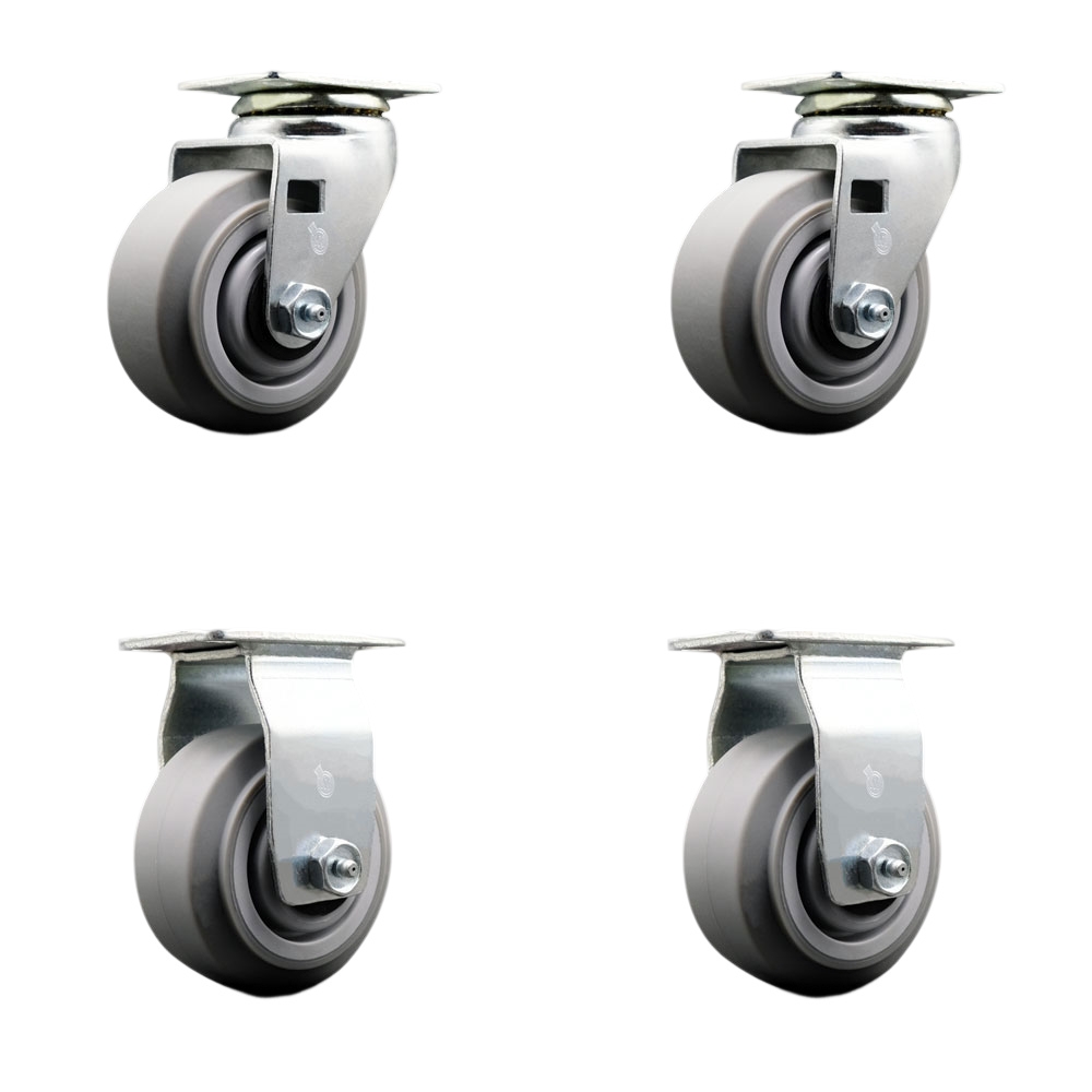 Swivel & Rigid Top Plate Caster Set, Gray 4 x 2 in. Thermoplastic Rubber Flat Tread Wheel Roller Bearing - 1800 lbs Total Capacity