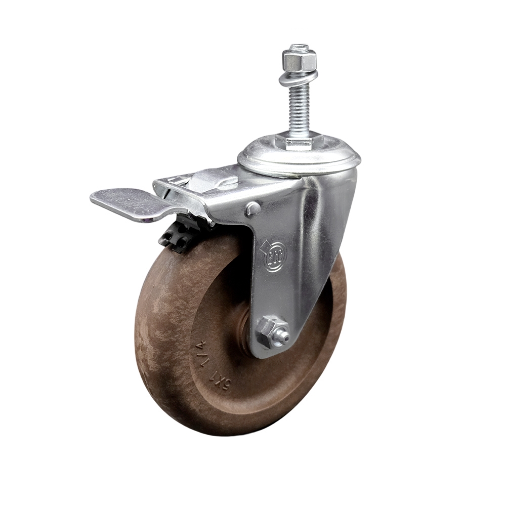 High Temperature Glass Filled Nylon Swivel Threaded Stem Caster with 5 x 1.25 in. Brown Wheel & 0.38 in. Stem & Total Locking Brake